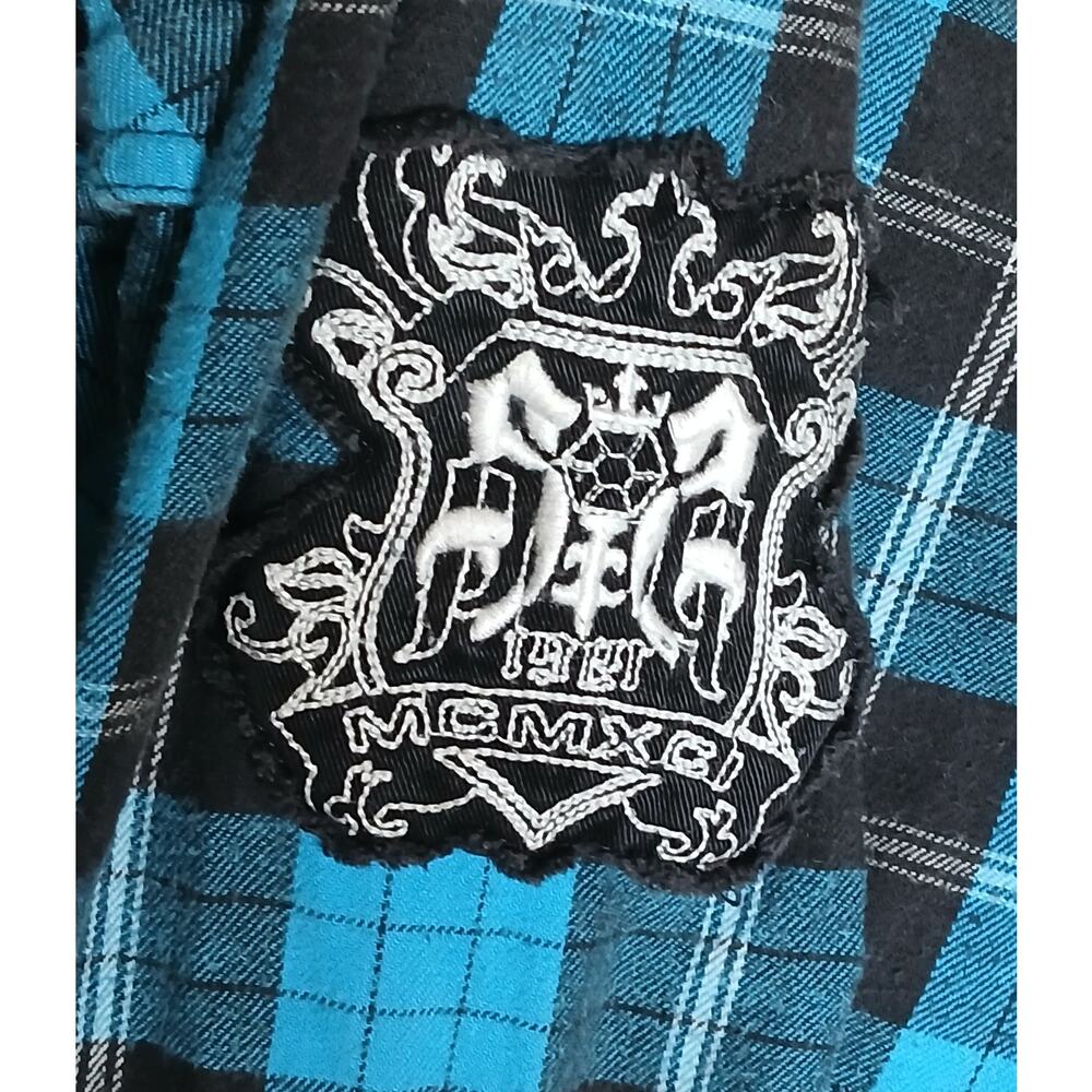 South Pole Mens XXL Blue Black Plaid Shirt Front Snap Long Sleeve Graphic Button - Picture 6 of 11